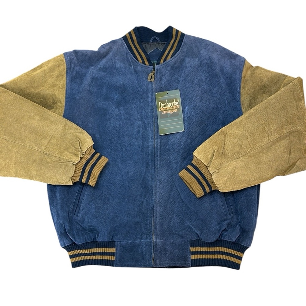 Vtg Dunbrooke Blue/Brown‎ Leather Suede Varsity Bomber Jacket L Two-Tone Retro